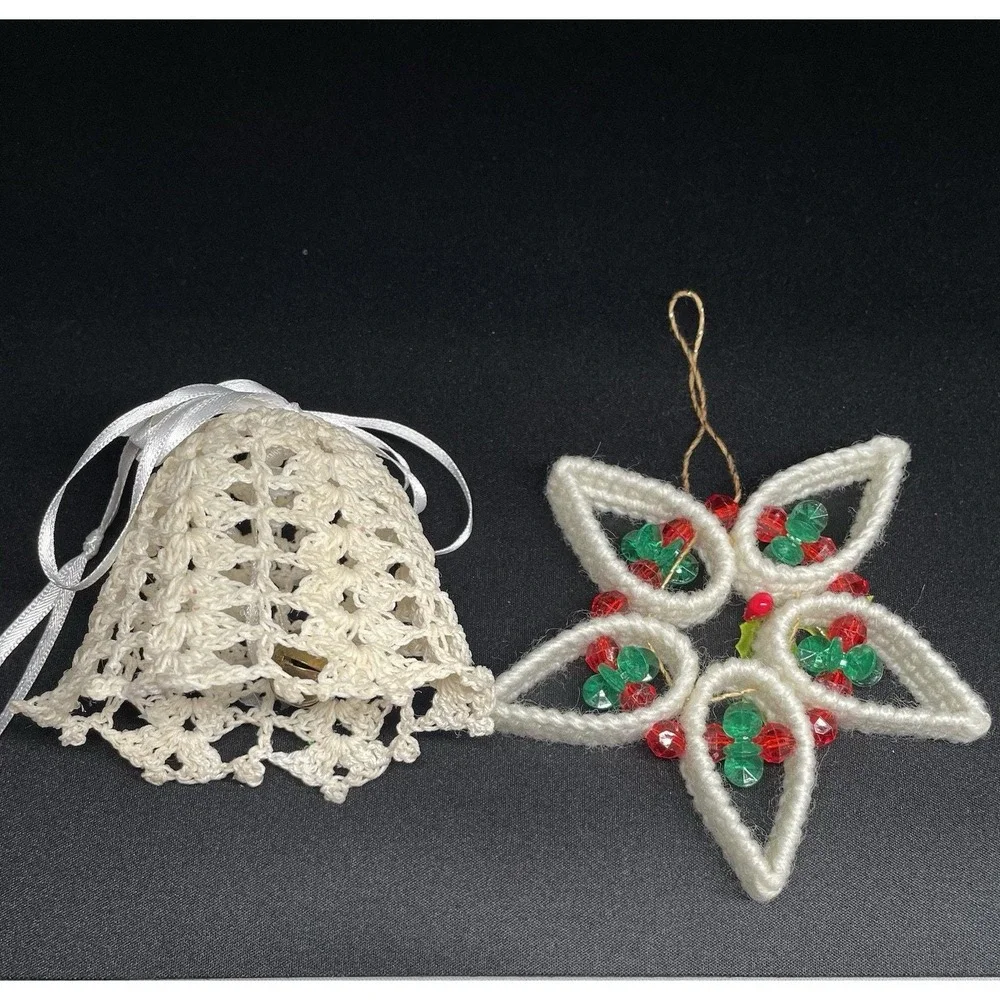 Vintage Crochet Starched Bell & Yarn Star Snowflake Handmade Ornaments. Lot of 2